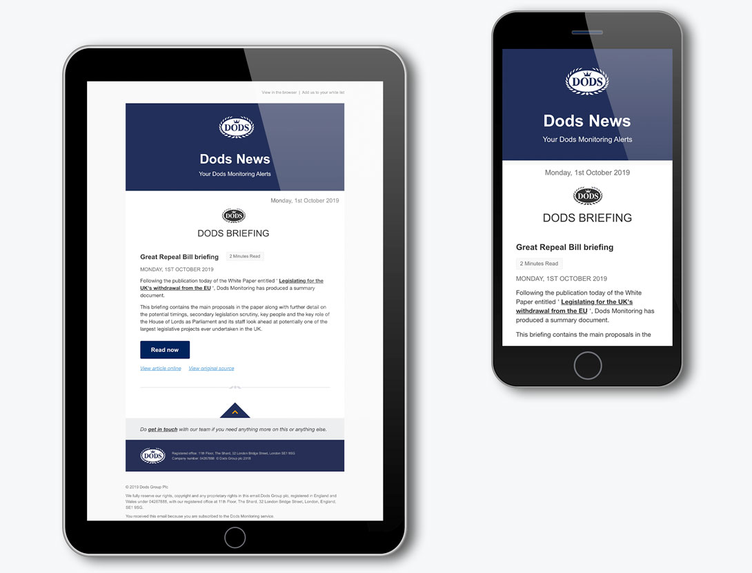 Dods Monitoring newsletter tablet and mobile view